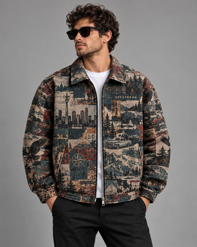 Front of OFFSTREAK Atlas jacquard zip jacket on model