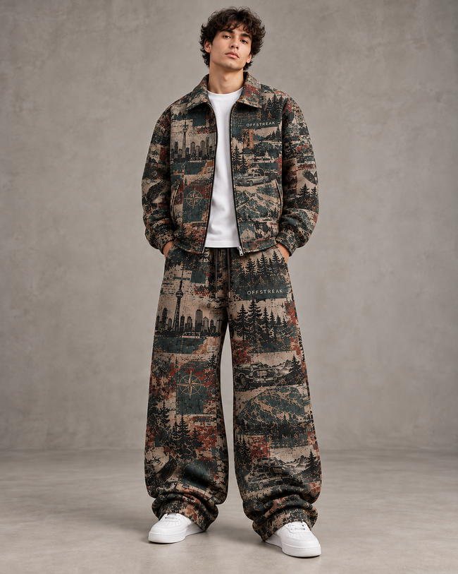 OFFSTREAK Atlas premium jacquard matching jacket and wide-leg bottoms on model