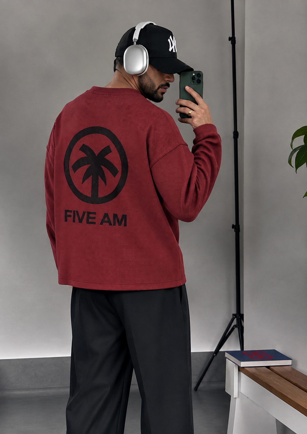 Waffle Knit Long Sleeve Burgundy Red