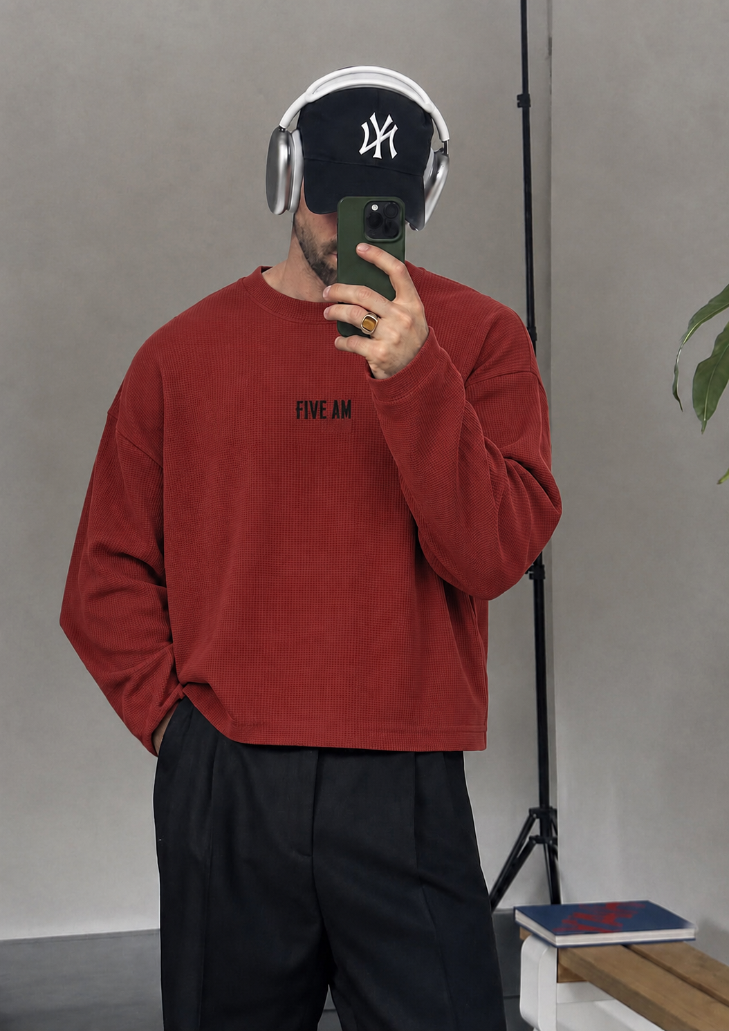 Waffle Knit Long Sleeve Burgundy Red