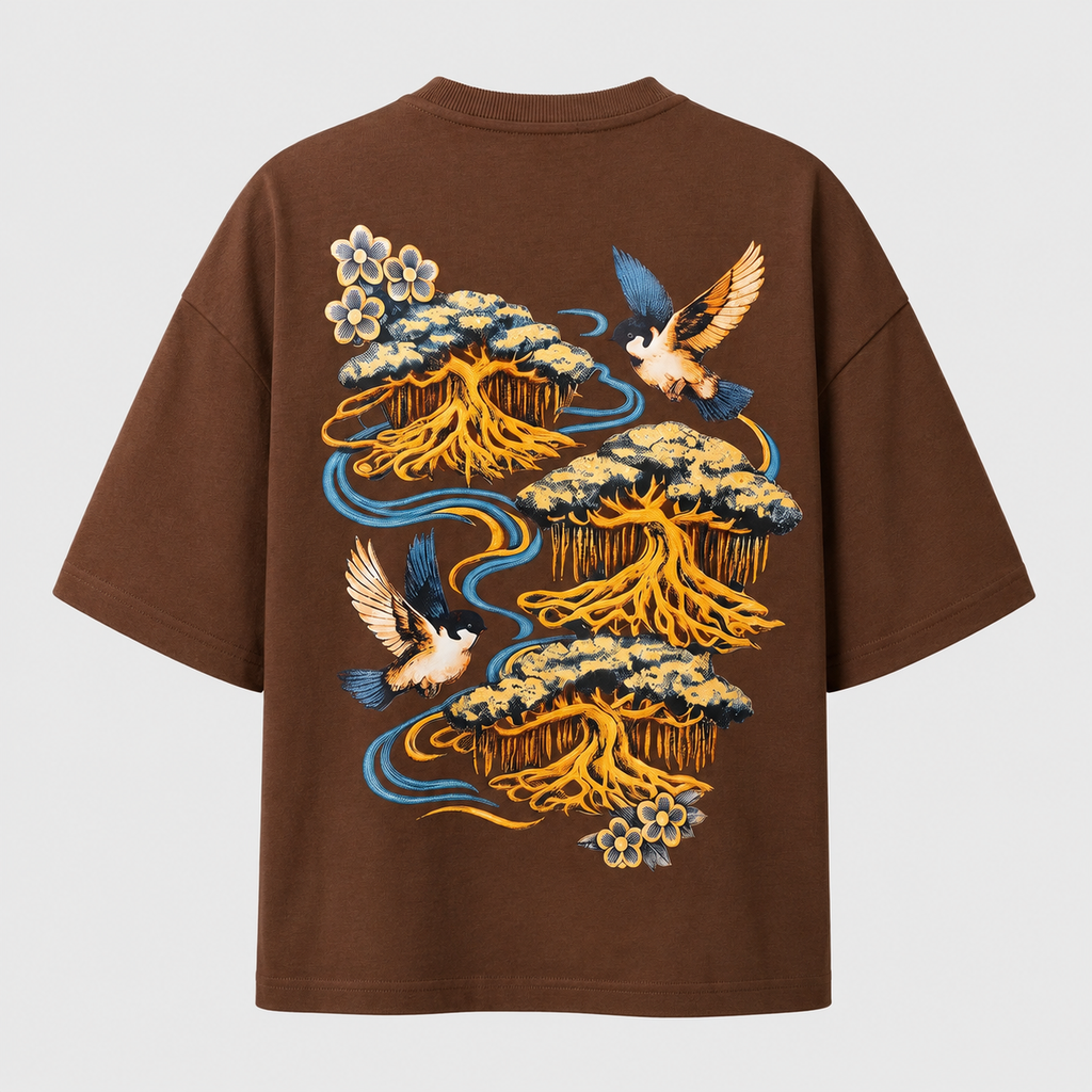 Bonsai & Swallow Oversized Boxy T-Shirt Black