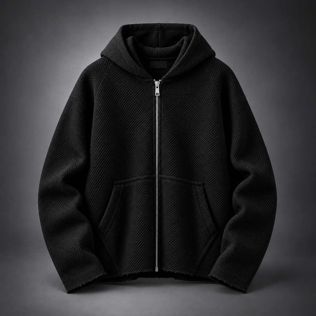 Raw Edge Textured Zip Hoodie Blue,Black,White