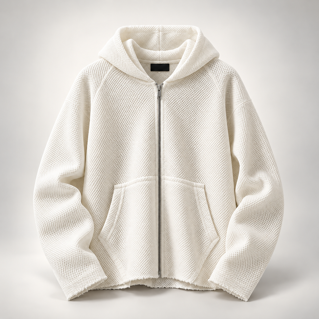 Raw Edge Textured Zip Hoodie Blue,Black,White