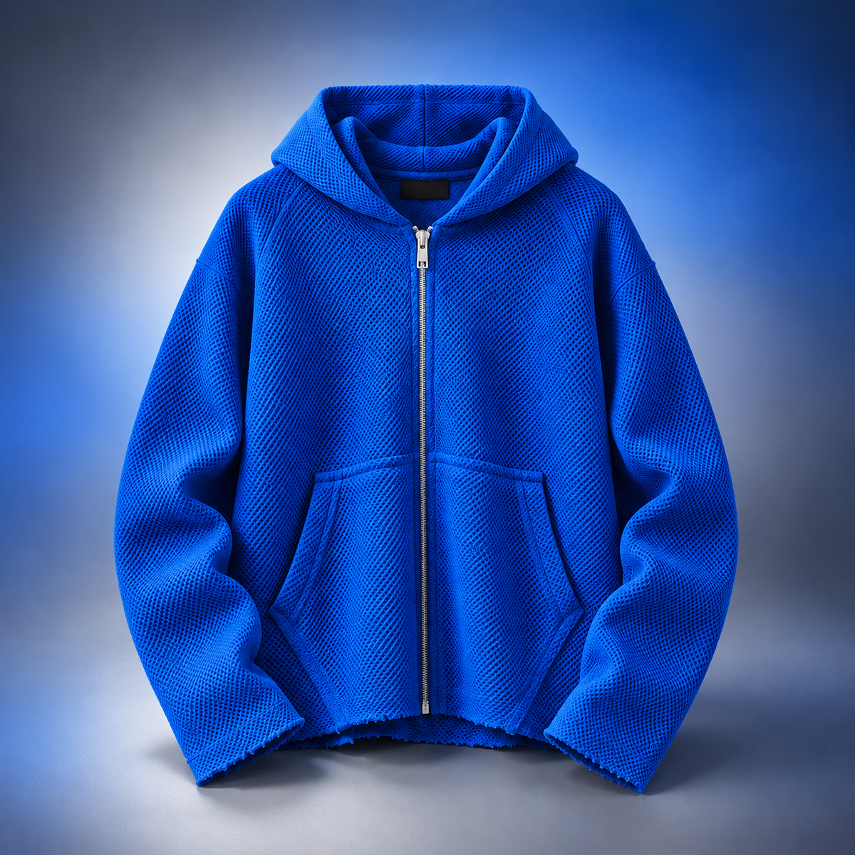 Raw Edge Textured Zip Hoodie Blue,Black,White