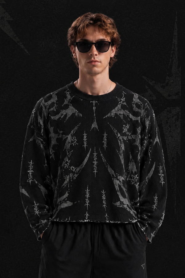 Black Distressed Graphic Boxy Fit Long Sleeve