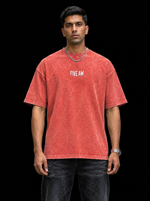 FIVE AM 87 Vintage Wash Boxy Oversized T-Shirt – Red