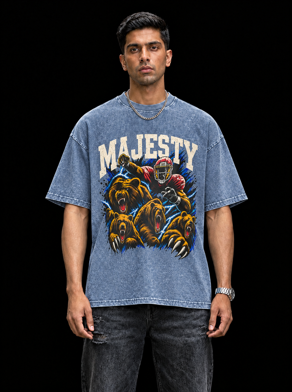 Majesty Bears Oversized Boxy T-Shirt – Washed Blue