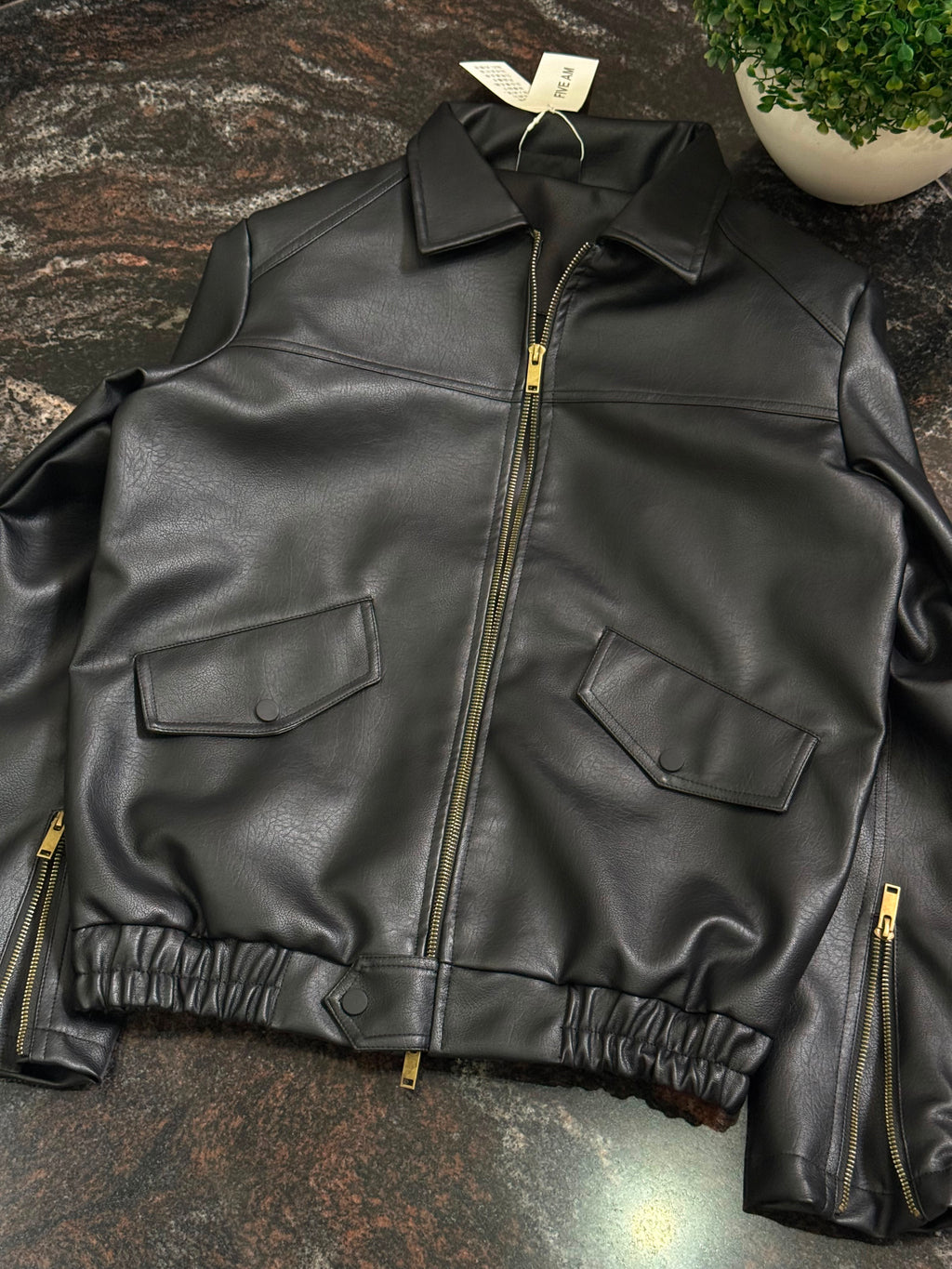 Black Faux Leather Bomber Jacket