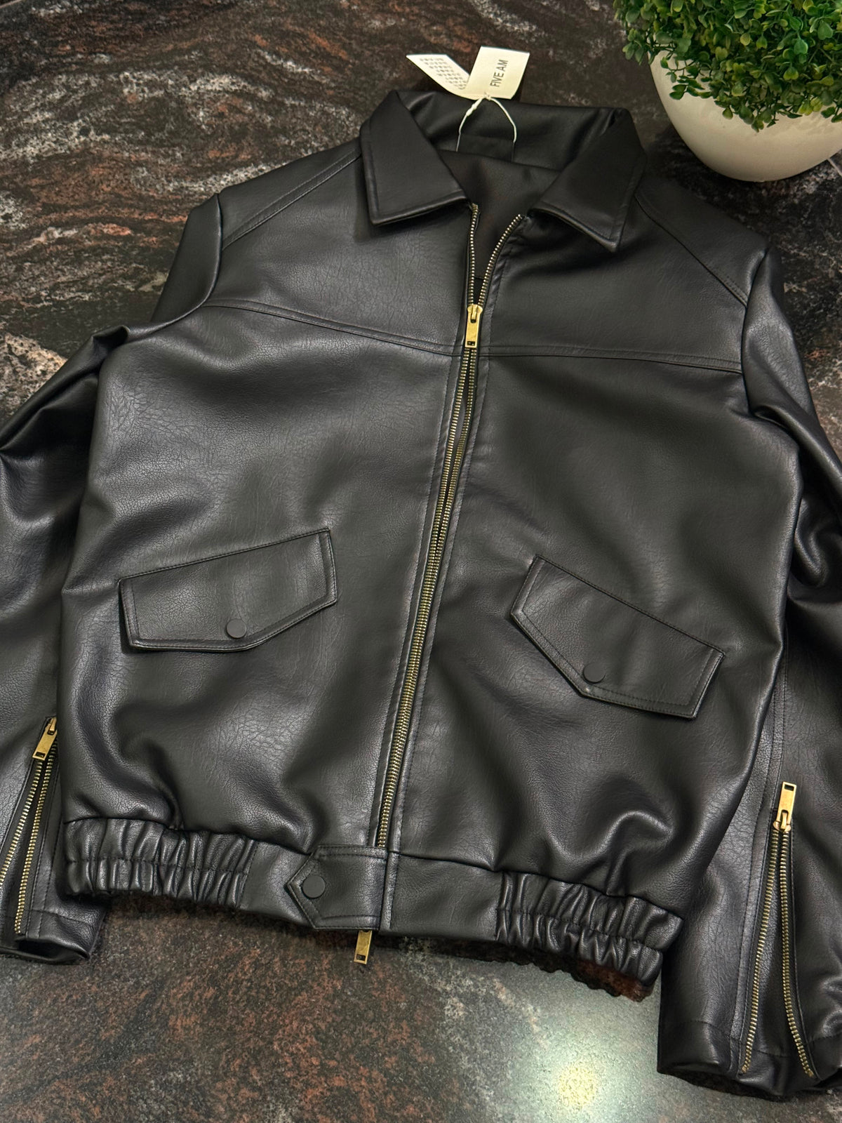 Black Faux Leather Bomber Jacket