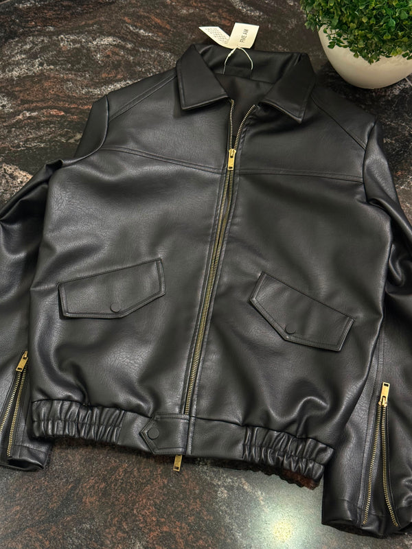 Black Faux Leather Bomber Jacket