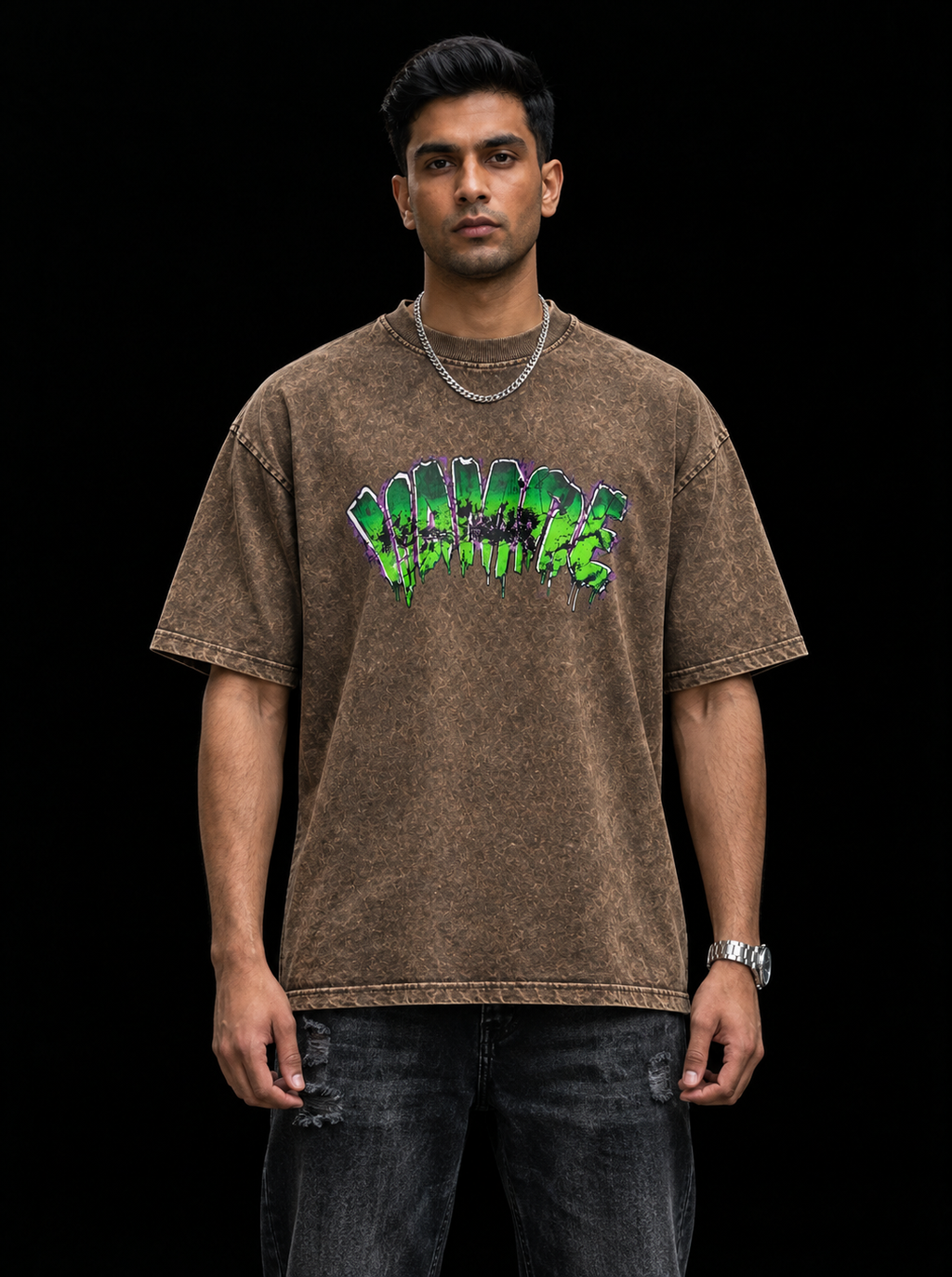 Vampire Graffiti Acid Wash Oversized T-Shirt – Brown