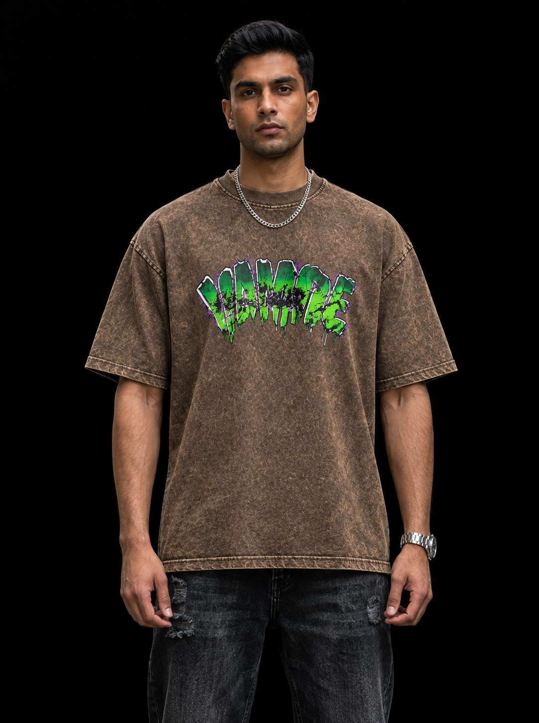 Vampire Graffiti Acid Wash Oversized T-Shirt – Brown