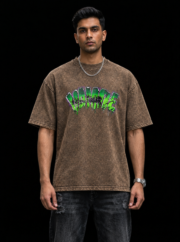 Vampire Graffiti Acid Wash Oversized T-Shirt – Brown