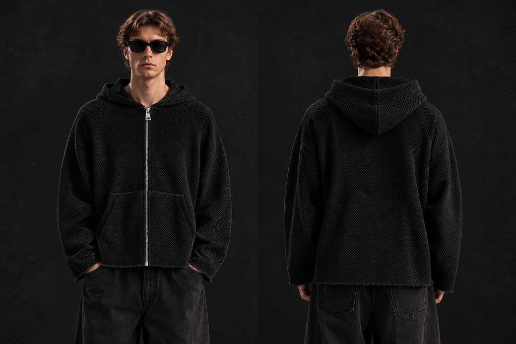 Raw Edge Textured Zip Hoodie Blue,Black,White