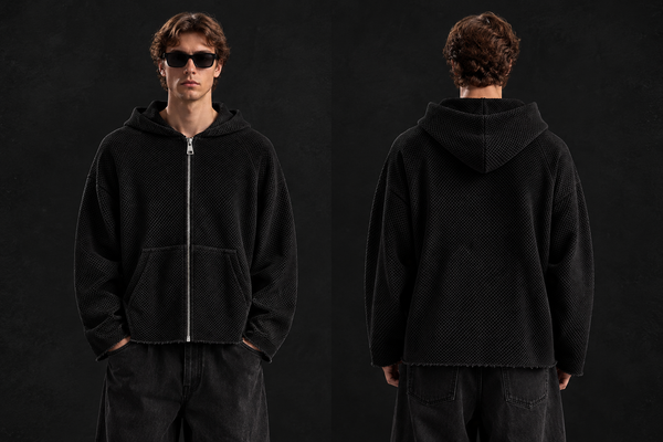 Raw Edge Textured Zip Hoodie Blue,Black,White