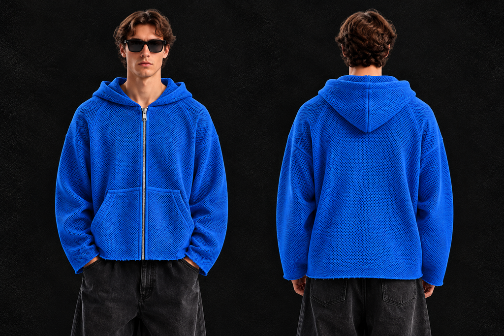 Raw Edge Textured Zip Hoodie Blue,Black,White