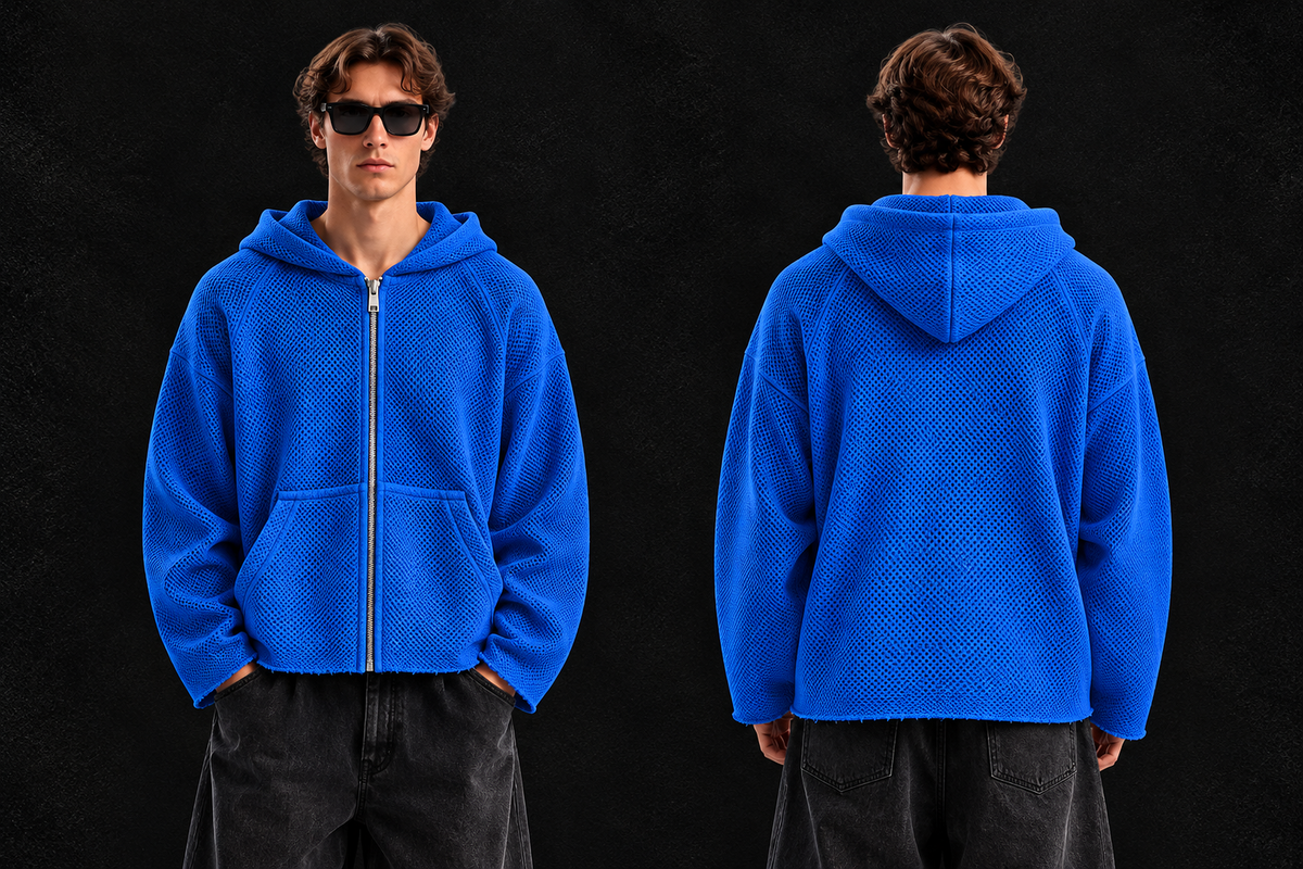 Raw Edge Textured Zip Hoodie Blue,Black,White