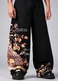 Silent Wisdom Wide-Leg Graphic Pants – Black