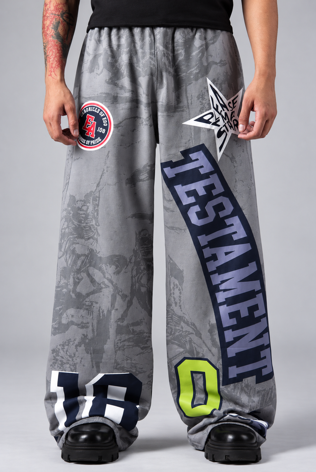 Testament Wide-Leg Graphic Pants – Grey