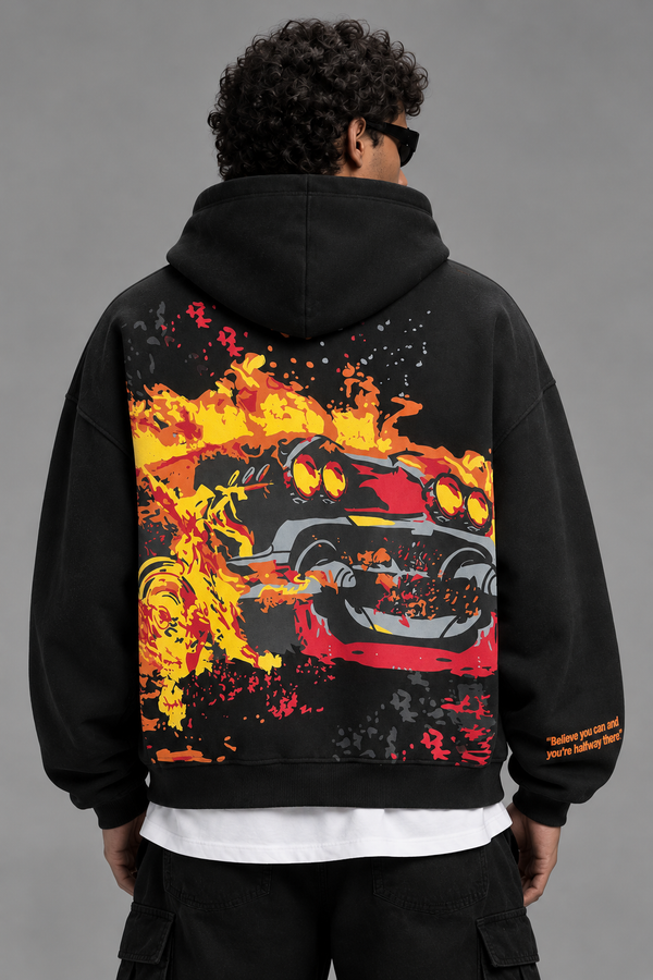 Inferno Oversized Puff Print Hoodie – Black