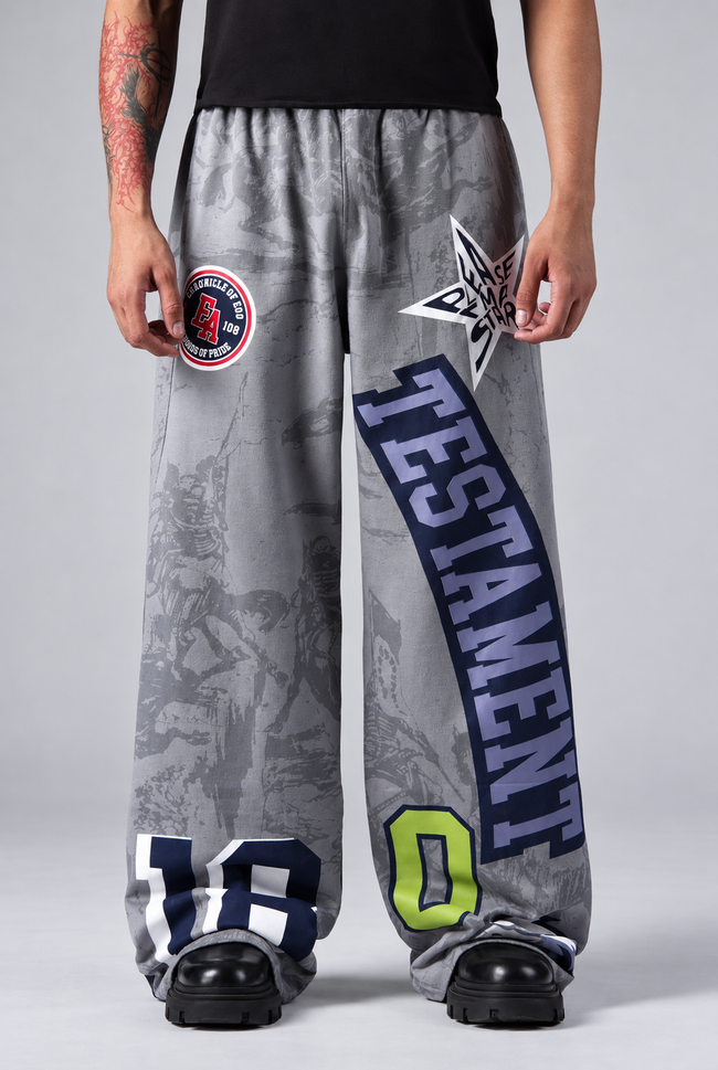 Testament Wide-Leg Graphic Pants – Grey