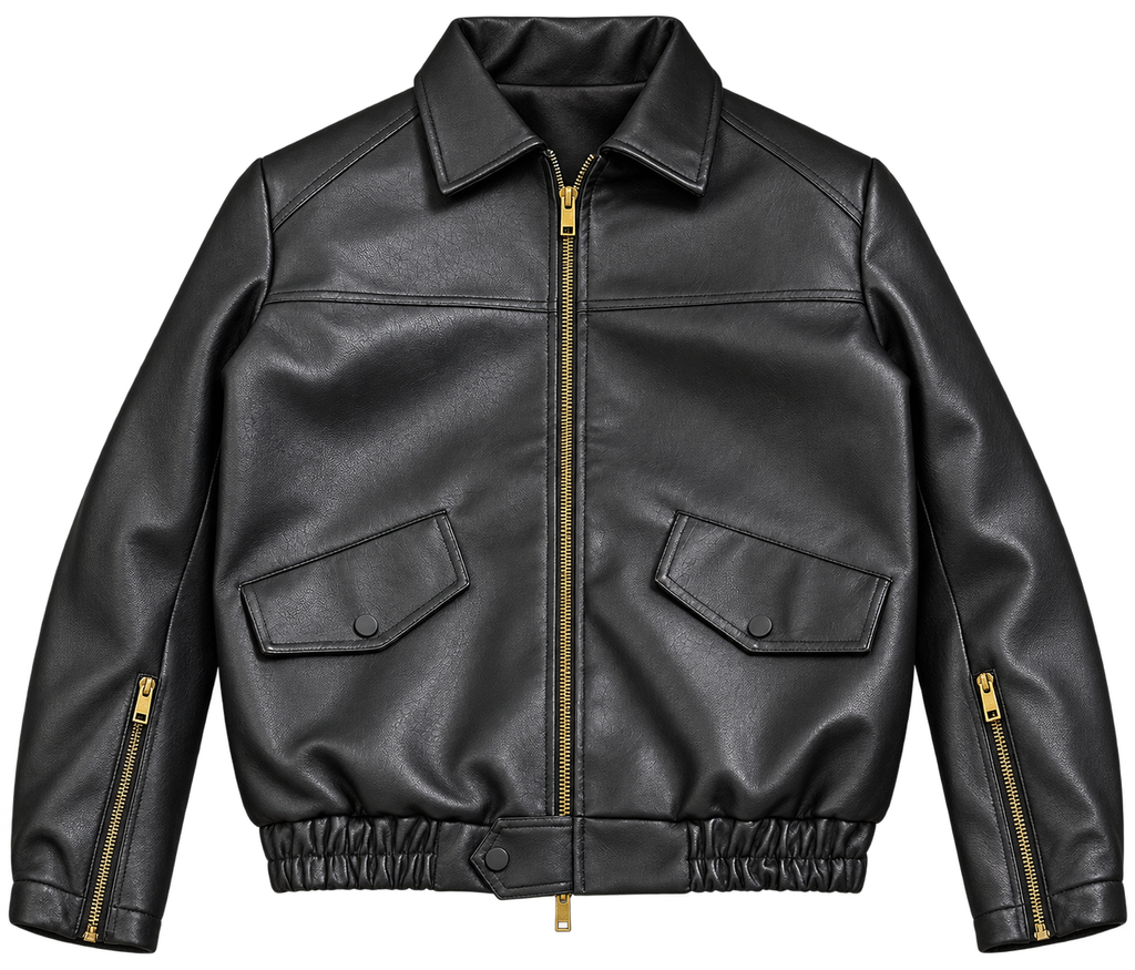 Black Faux Leather Bomber Jacket — product-only view