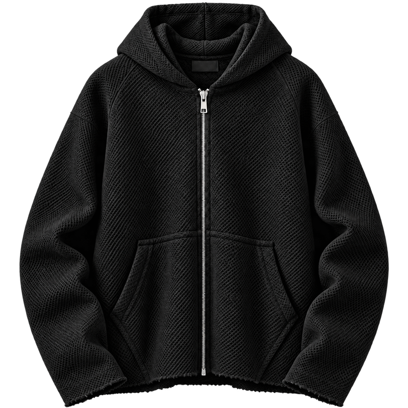 Raw Edge Textured Zip Hoodie Blue,Black,White
