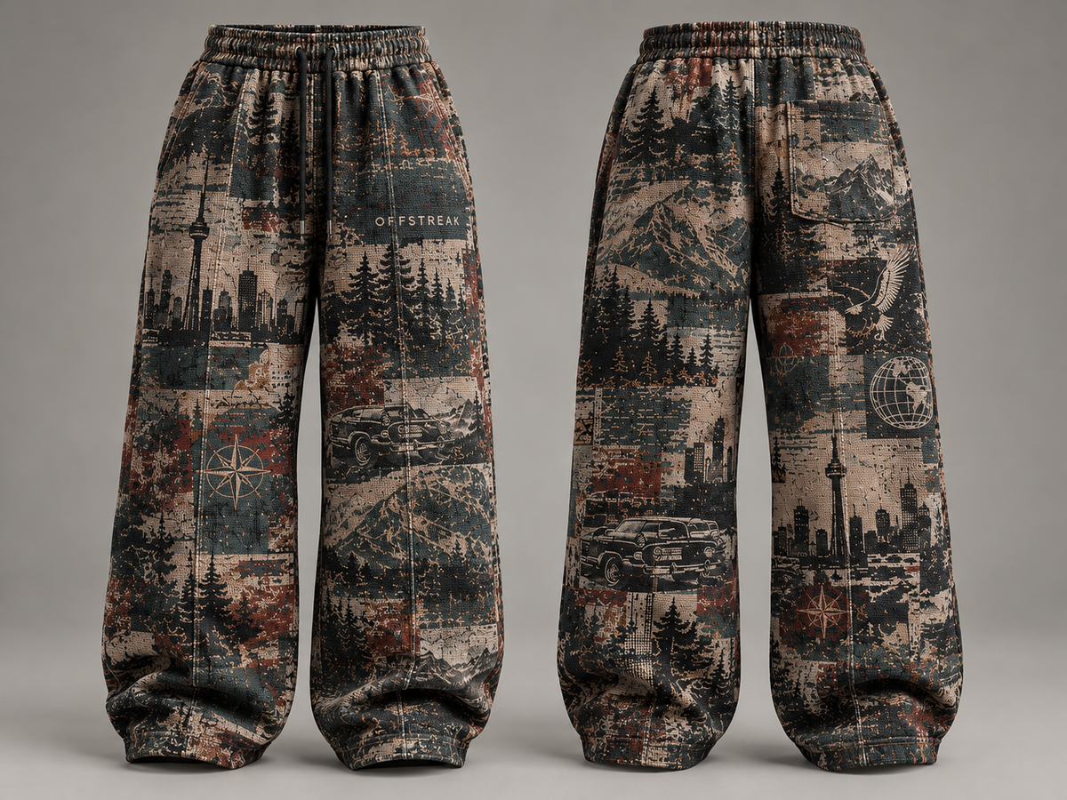 Front and back of OFFSTREAK Atlas jacquard wide-leg bottoms