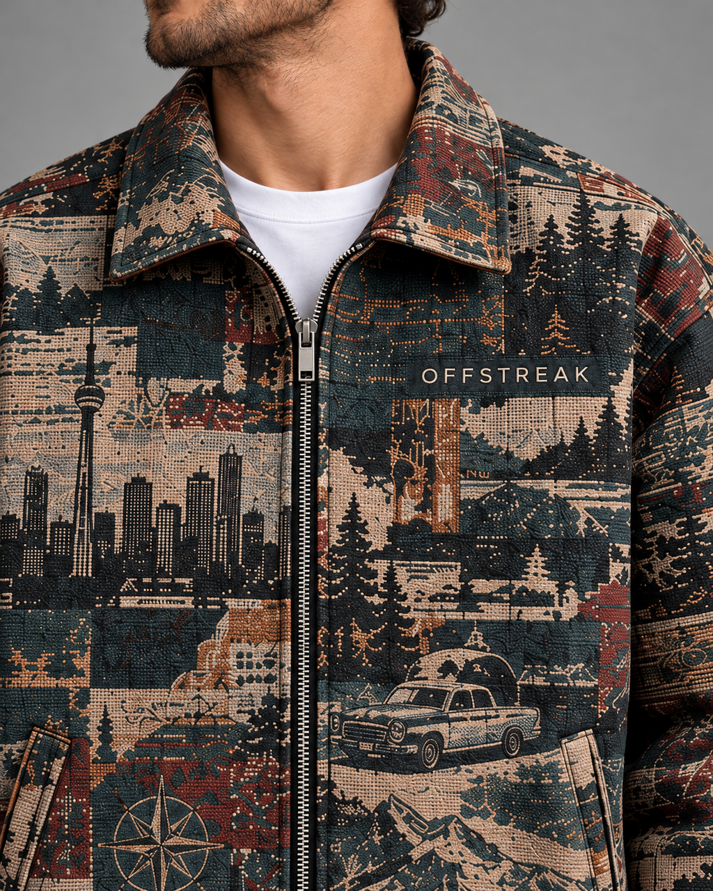 Close view of OFFSTREAK jacquard jacket collar, zipper and woven Toronto artwork