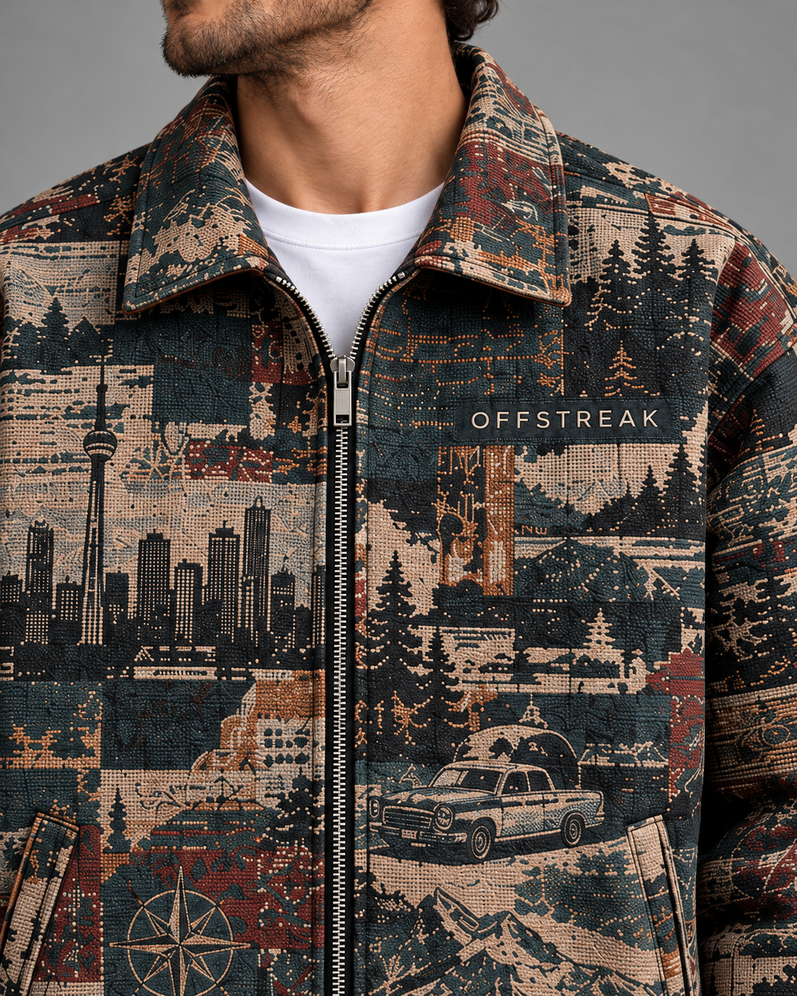 Close view of OFFSTREAK jacquard jacket collar, zipper and woven Toronto artwork