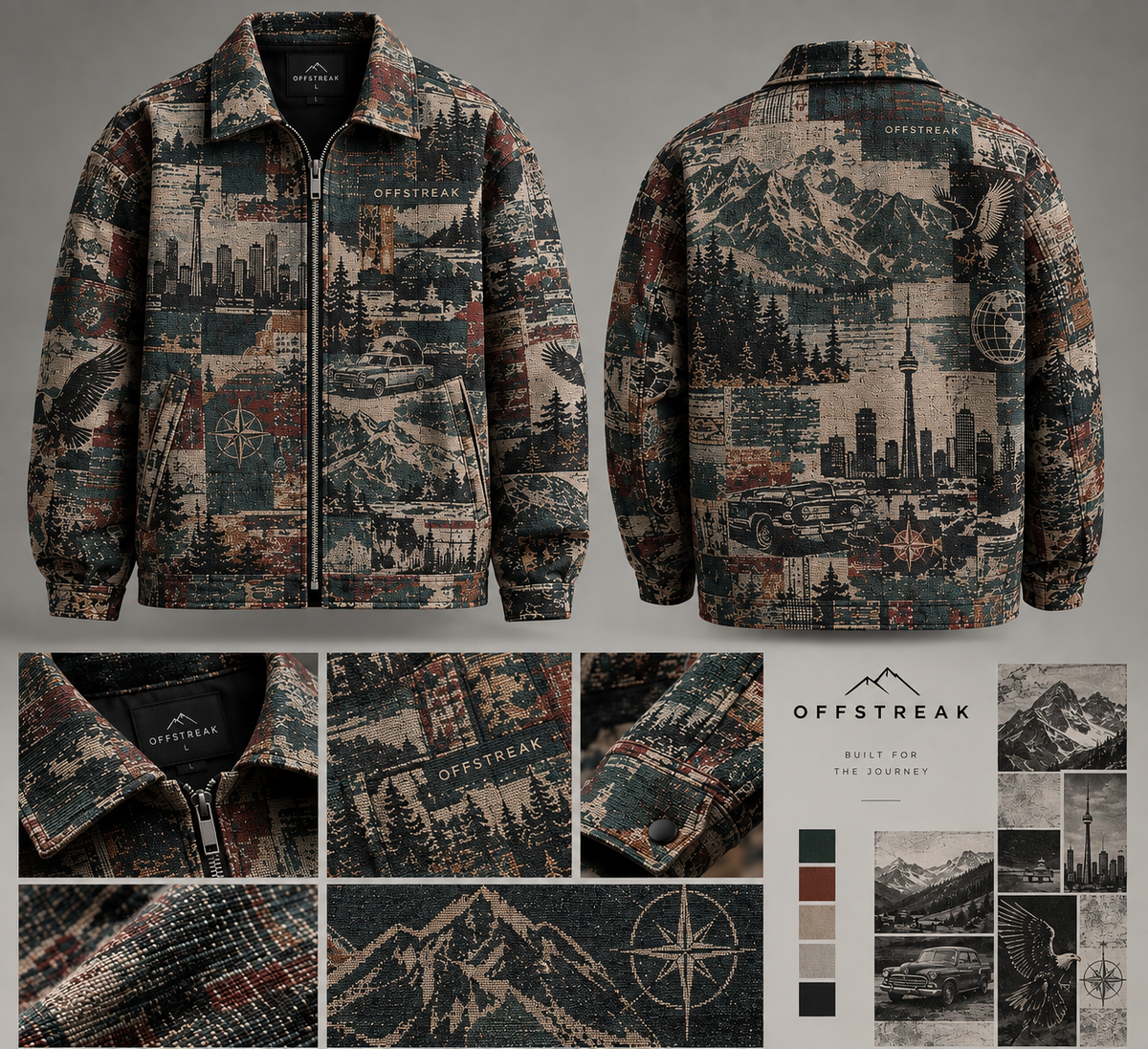 OFFSTREAK Atlas jacquard jacket front, back and woven fabric details