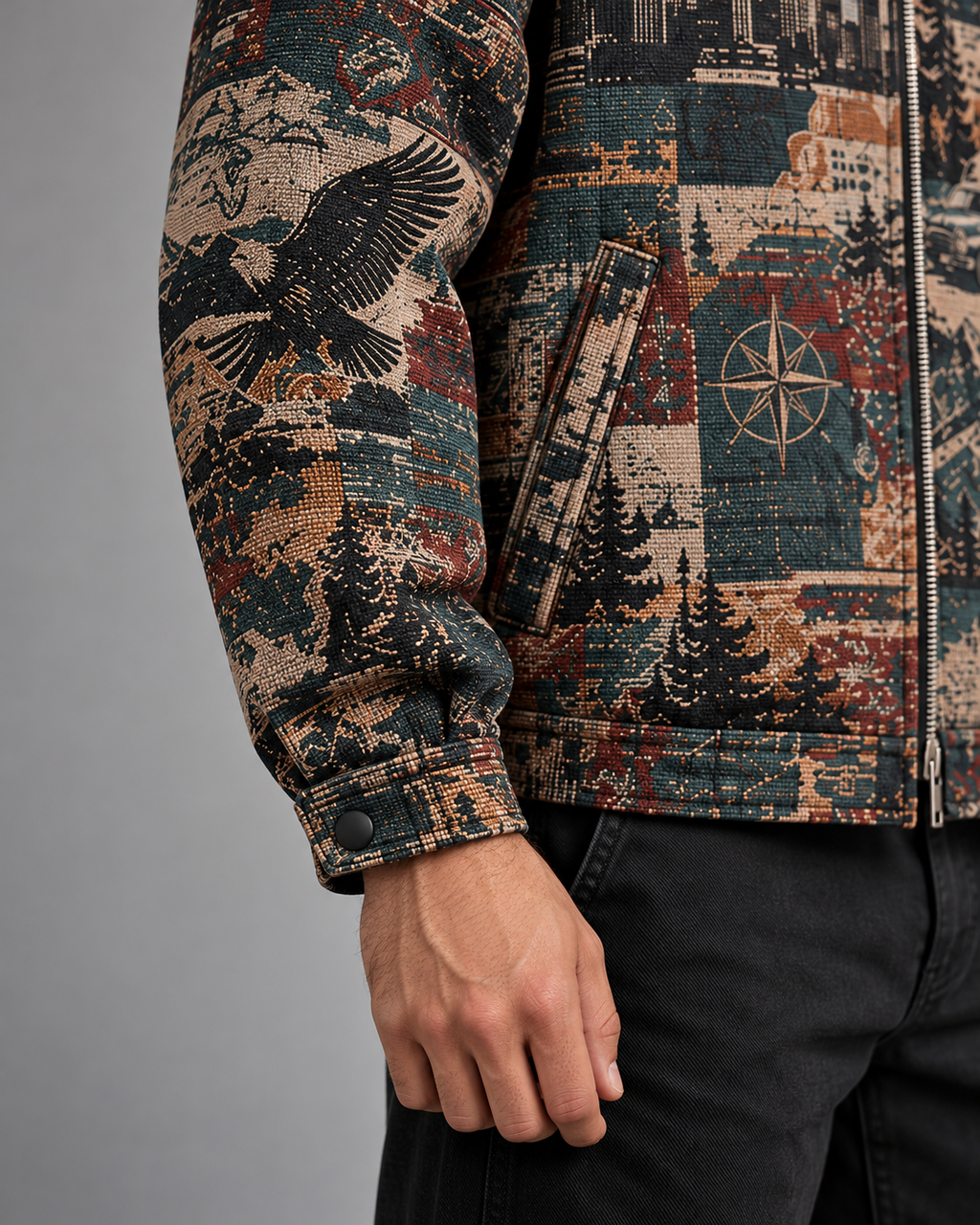 OFFSTREAK Atlas jacquard jacket sleeve, button cuff and pocket detail