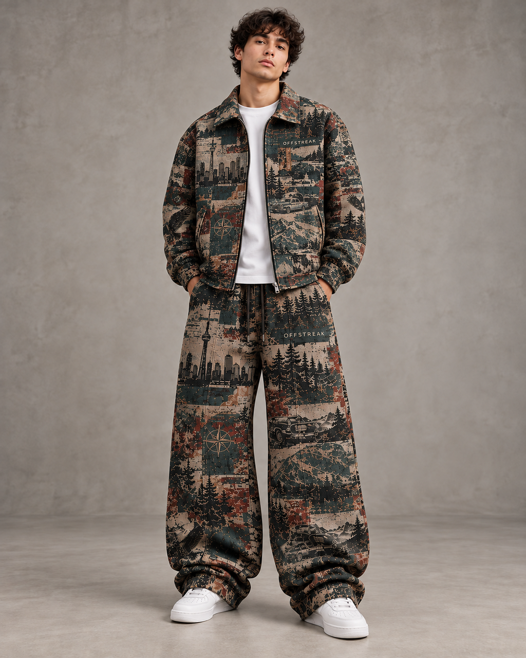 OFFSTREAK Atlas premium jacquard matching jacket and wide-leg bottoms on model