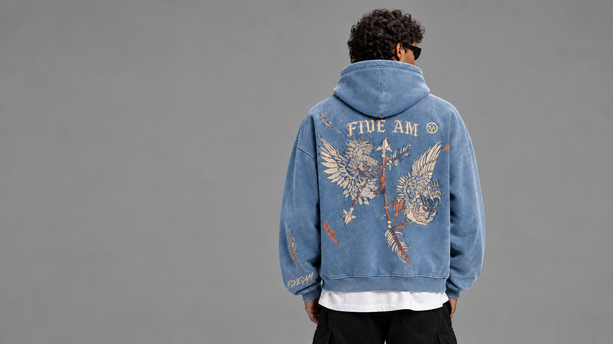 FIVE AM hoodie full back on model