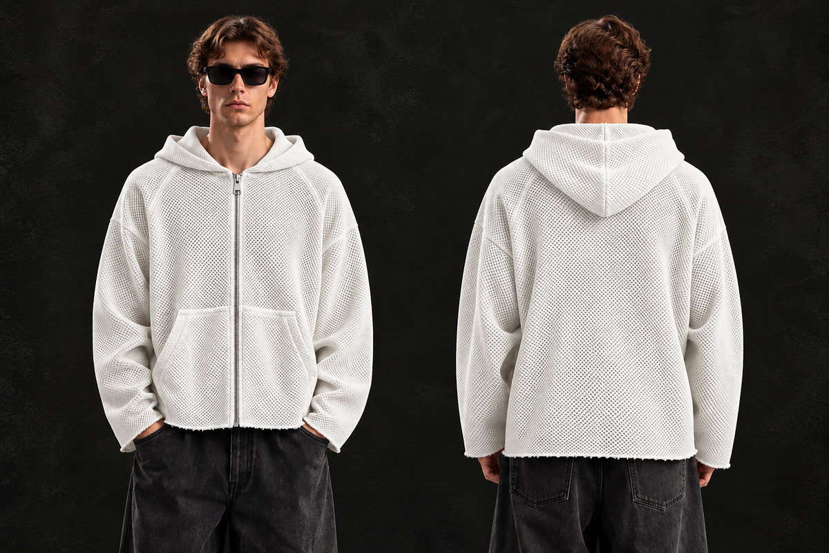Raw Edge Textured Zip Hoodie Blue,Black,White