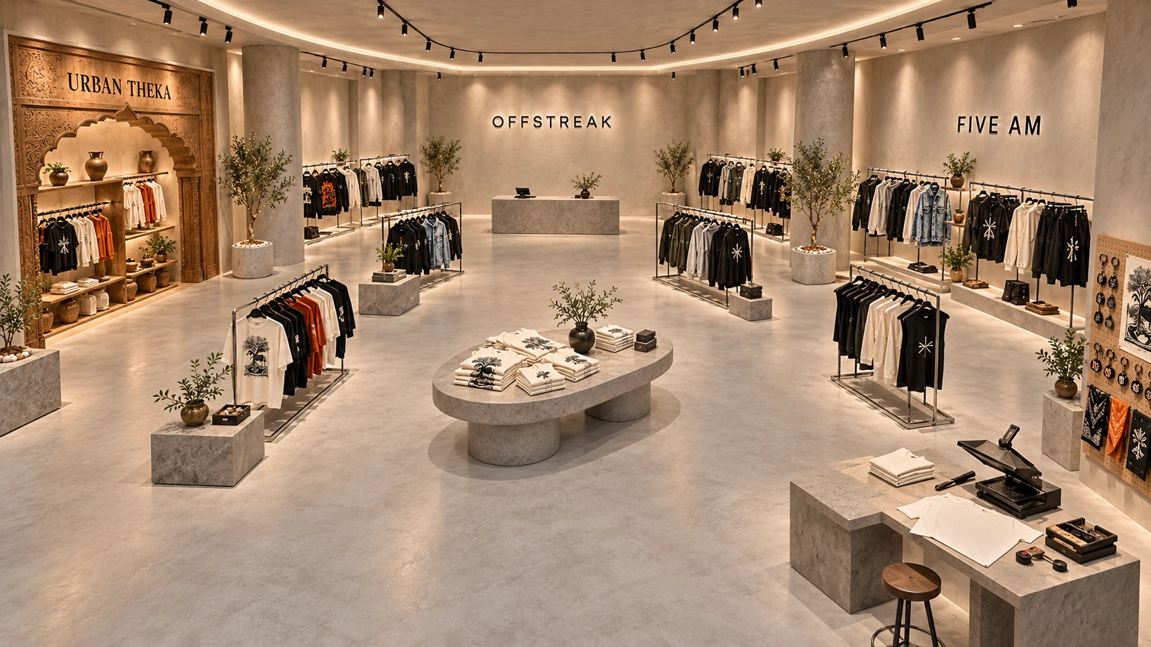 The unified OFFSTREAK boutique with clothing, accessories and a custom studio